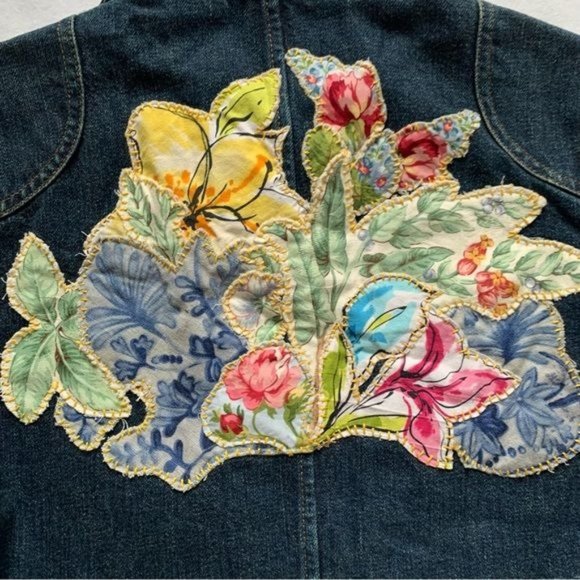Custom Denim Jacket Floral Applique Small Handmade Art to Wear OOAK Cottage - Picture 3 of 4